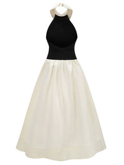 Elegant Halterneck Contrast Color A-Line Maxi Dress