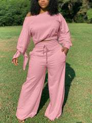 Casual Oblique Shoulder Tops High Waist Trousers Set