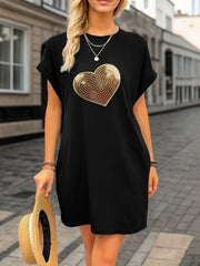 Heart Sequin Crew neck Casual Loose Dress