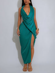 Sexy Halter V Neck Ruched High Split Midi Dress