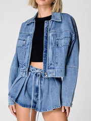 Fashion Zip Denim Bomber Jacket High Waist Shorts Sets