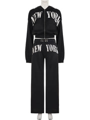 Letter Print Hoodie Elastic Waist Straight Pants Set