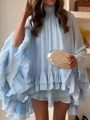 Elegant Stand Collar Flare Sleeve Ruffle Hem Mini Dress