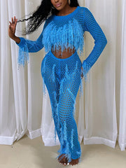 Sexy Tassels Knit Hollow out Split Jumpsuit