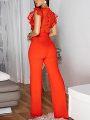 V-neck Crochet Lace See-Through Wide Leg Jumpsuit