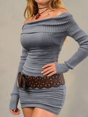 Fashion Off Shoulder Ribbed Knit Slim Mini Dress