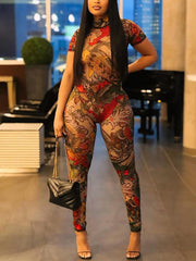 Sexy Print See Through Mesh Bodycon Jumpsuit