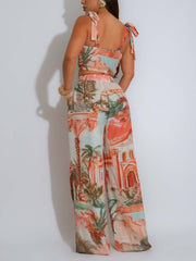 Casual Print Crop Top And Wide-Leg Pants Sets