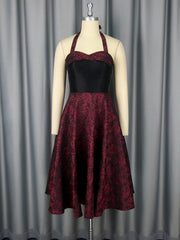 Elegant Jacquard Halter Cinched Waist Party Dress Gown