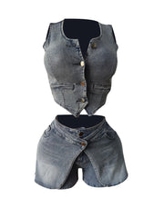 Fashion Elastic Denim Vest and Shorts Set