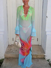 Sexy V Neck Ruffle Print Fitted Maxi Dress