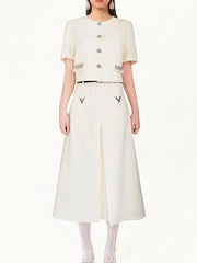 Elegant Rhinestone Round Neck Top High Waist Skirt Sets