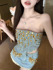 Sexy Rhinestone Strapless Top Denim Skirt Sets