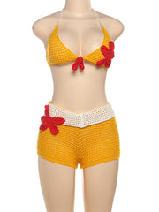 Sexy Bikini Crochet Flower Embellishment Shorts Set