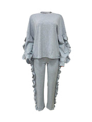 Ruffled Casual Long-Sleeved Top and Pants Two-Piece Set