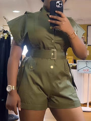 Casual Cinched Waist Cargo Jumpsuit Shorts