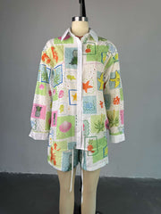Fashion Print Hollow out Shirt Shorts Casual Set