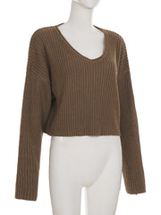 Casual Vintage Ribbed Cropped Pullover Sweater