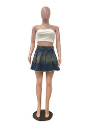 Casual High Waist Washed Denim Pleated Skirt