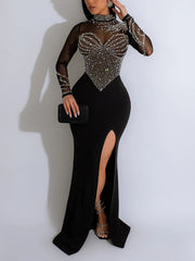 Rhinestone See through High Slit Long Dress