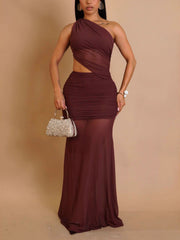 Sexy Single Shoulder Backless Sheer Mesh Maxi Dress