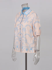 Print Puff Short Sleeve Shirt And Straight Pants Set