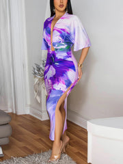 Casual V-neck Print Tied Top and Slit Skirt Sets