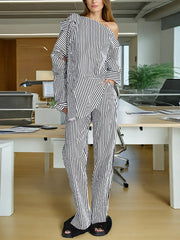Lapel Off Shoulder Stripe Top And Straight Trousers Set