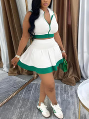 Stretch Ribbed Zip Crop Top And Tenni Skirt 2 Piece Set