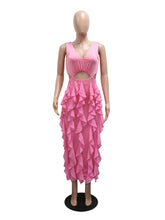 Sexy V-neck Hollow Out Ruffles Split Dress