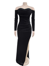 Off Shoulder Slit Mermaid Hem Velvet Gowns Maxi Dress