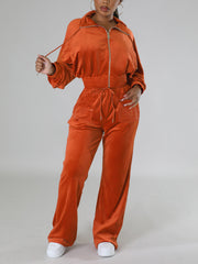 Velour Zipper Top Drawstring Trousers Sports Sets