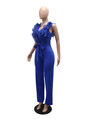 Fashion V Neck Ruffle Bandage Jumpsuit