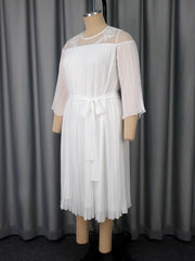 Elegant O Neck Sheer Mesh Ruffle Bandage Midi Dress