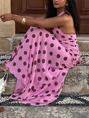 Elegant Dot Print Pleated Halter Backless Maxi Dress
