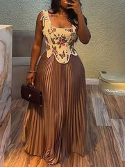 Sexy Print Bandage Vest Maxi Pleated Skirt Set