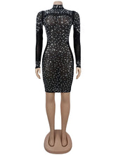 Sexy Rhinestone Mesh Sheer Bodycon Midi Dress