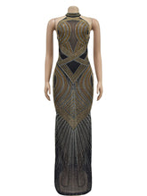 Halter Sheer Mesh Rhinestone Club Dress