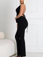 Sexy Textured Halter Backless Top And Flare Pants Set