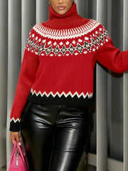Fashion Jacquard Turtleneck Knit Pullover Sweater