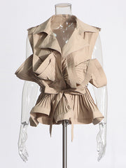 Vintage Lapel Ruffles Sleeveless Shirt