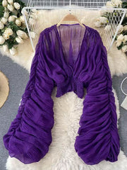 Fashion V Neck Puff Sleeve Dressy Tops