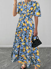 Casual V Neck Floral Print Cinched Waist Maxi Dress