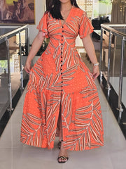 Elegant V Neck Print Vacation Maxi Dress