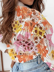 Fashion Tie Dye Print Hollow Out Button Front Shirt
