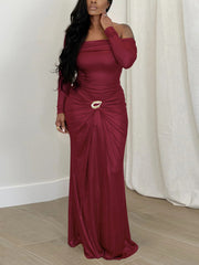 Fashion Off Shoulder Long Sleeve Ruched Maxi Dress
