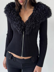 Fashion Faux Fur Collar Long Sleeve Knit Sweater