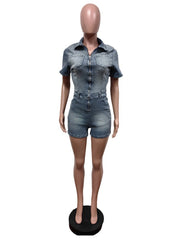 Casual Zipper Wash Denim Romper