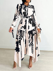 Fashion Lapel Print Cinched Waist Irregularity Dress