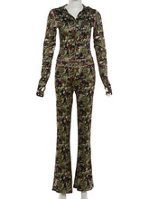 Casual Camo Hooded Cropped Top And Pants Sets